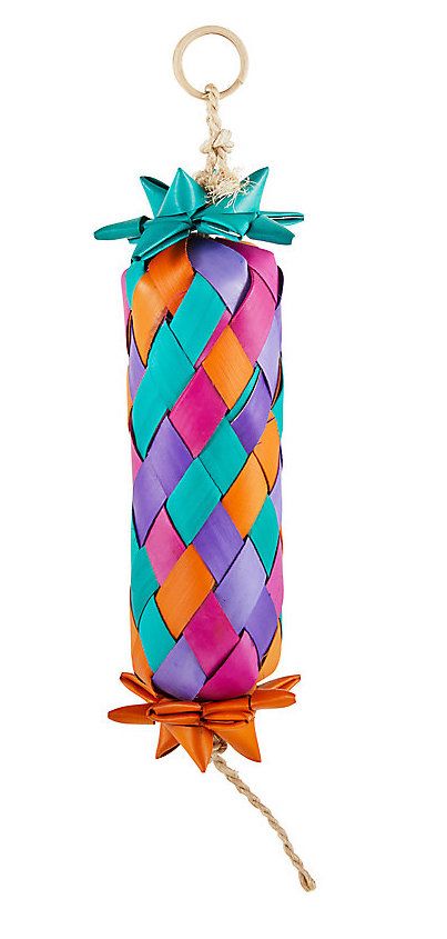 Colorful Happy Beaks Starfruit bird toy with a woven cylinder design, packed with wood slices for engaging bird play.