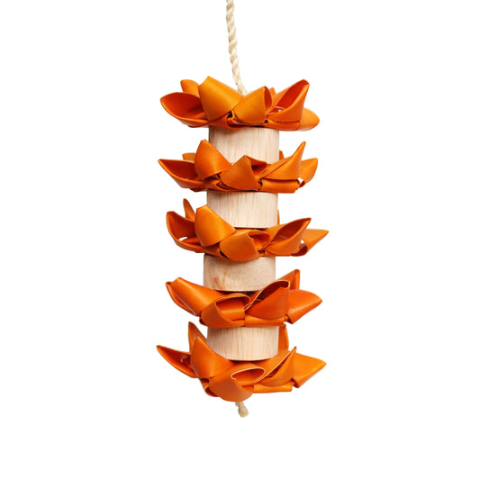 Vibrant Happy Beaks Hot Flames bird toy with colorful palm stars and wood slices strung on natural string for small birds.