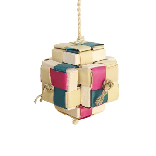 Colorful Happy Beaks Pixel Cube toy for medium birds, featuring a woven design stuffed with wood blocks for chewing fun.