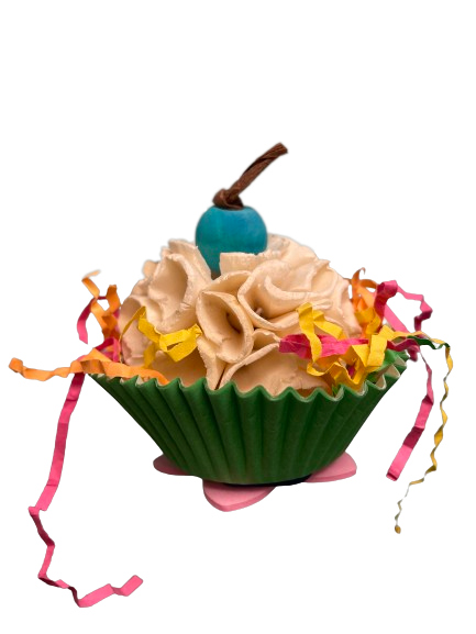 Colorful Happy Beaks Cupcake Foot Toy with a sola ball and crinkle paper, perfect for small to medium birds to shred.