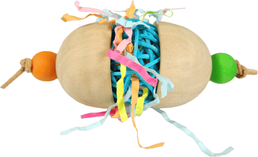 Colorful Happy Beaks Hatching Foot Toy with wooden cups, a cine ball, and crinkle paper, perfect for medium birds.