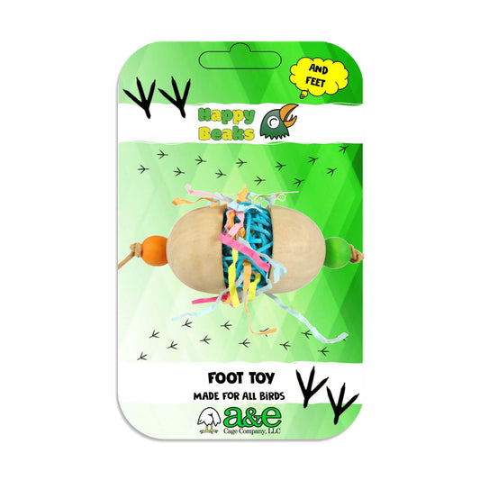 Vibrant Happy Beaks Hatching Foot Toy with colorful wood cups, a cine ball, and crinkle paper, perfect for medium birds.