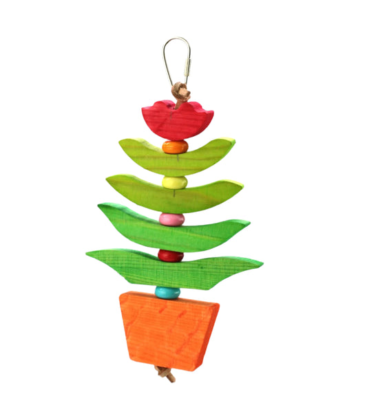 Colorful wooden hanging toy with a bird design on a white background