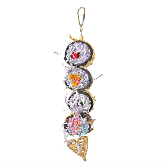 Vibrant Cali Roll Sushi Stack Hanging Toy for birds, featuring colorful paper, wood, and rattan in a playful sushi design.