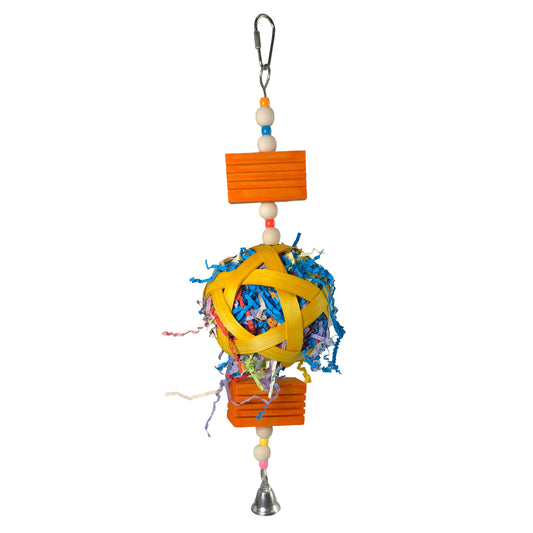 Vibrant Party Ball Hanging Bird Toy with colorful confetti paper and palm, designed for shredding and foraging fun.
