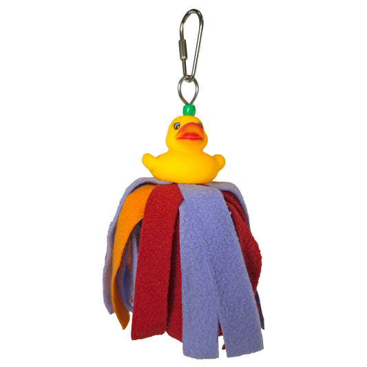 Cozy Fuzzy Duck Comforty Bird Toy with soft fleece and a cute rubber ducky design, perfect for bird cuddles and play.