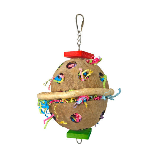 Vibrant Coco-Nuts Hanging Bird Toy with coconut shell, colorful paper confetti, and natural palm leaves for shredding fun.