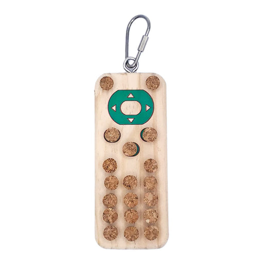 Playful bird toy shaped like a remote control, crafted from natural wood and chewable cork for safe beak fun.