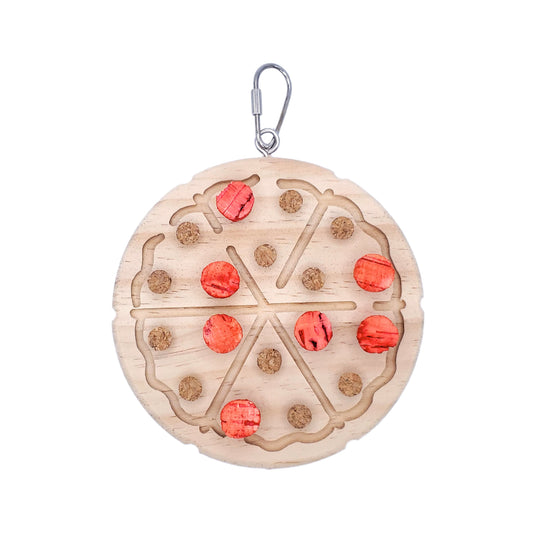 Colorful Wood and Cork Pizza bird toy with a playful pizza slice design, featuring chewable cork and sturdy wooden pieces.