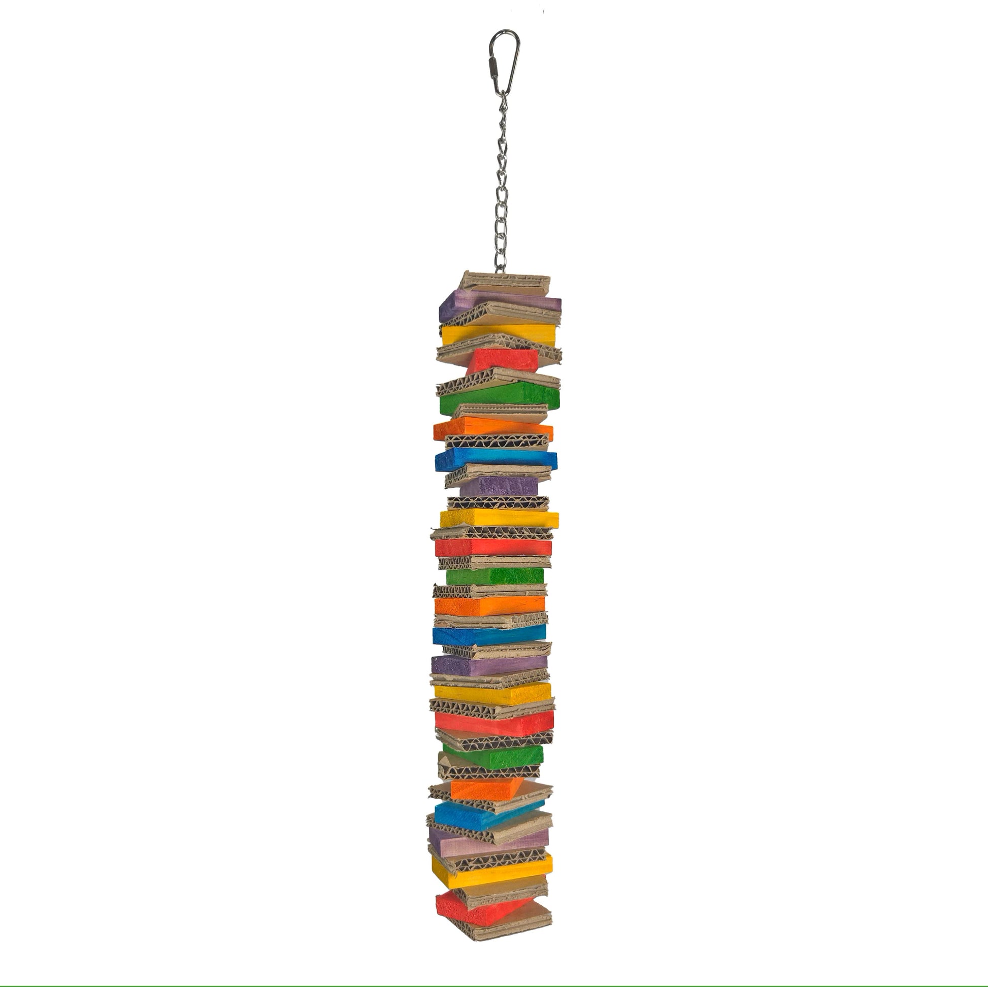 Vibrant Board & Block Single Stack bird toy with colorful wood and shreddable cardboard, perfect for chewing and play.