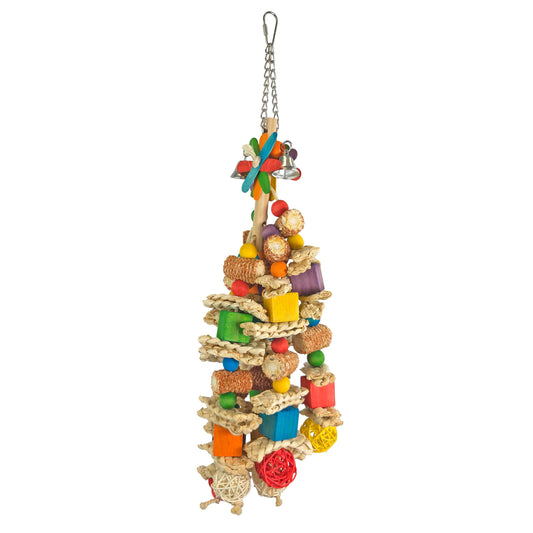 Vibrant Kernal Pop Hanging Bird Toy Large with colorful wood, rope, and corn cob pieces for engaging bird play.