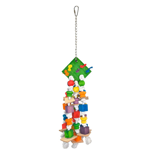 Colorful Knotty Fun Wood Blocks and Rope Toy with vibrant wood, soft leather, and sturdy rope for engaging bird play.