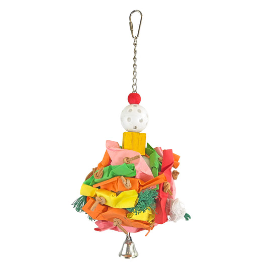 Vibrant Monster Ball with Bell toy from Happy Beaks, featuring a colorful, chew-safe design for birds to enjoy and play.