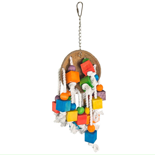 Vibrant Coco Loco bird toy featuring a natural coconut shell, colorful wood pieces, and sturdy cotton rope for chewing fun.