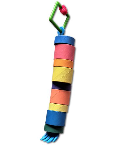 Colorful plastic fork bird toy loaded with chewable bagels, perfect for small to medium birds to enjoy hours of fun.