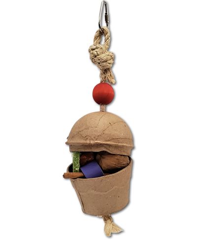 Colorful Happy Beaks Cupcake Forager toy for medium parrots, featuring sisal rope, a paper mache cupcake, wood bead, and foam flower.