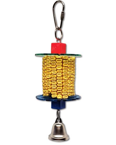 Vibrant corn cob bird toy with golden kernels, hanging on a sturdy chain with a shiny bell, perfect for medium birds.