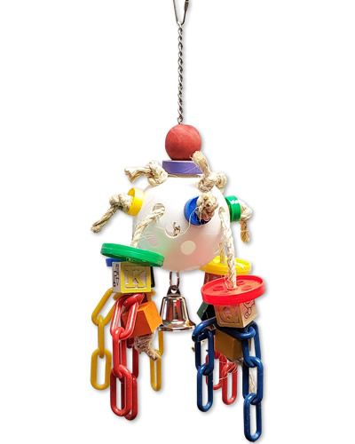Colorful Happy Beaks Play Ball toy for birds, featuring wood blocks, plastic chains, buttons, sisal rope, and a bell.