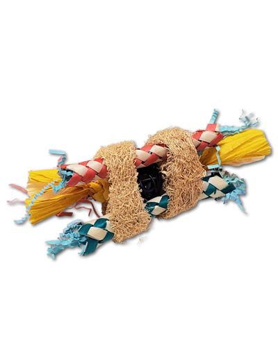 Colorful Happy Beaks Loofa Foot Toy with crinkle paper, vine ball, and loofa slices, perfect for medium to large birds.