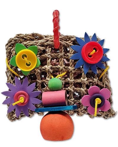 Colorful Petite Foraging Pouch bird toy with seagrass, crinkle paper, and vibrant foam flowers, hanging on a poly rope.