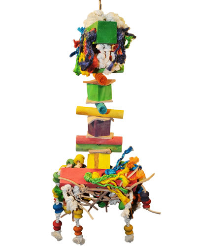 Vibrant Lg Hairy Monster-Happy Beaks bird toy with colorful wood balls, blocks, and sisal rope on a sturdy chain.