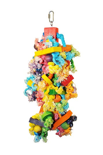 Vibrant Sm Hairy Monster-Happy Beaks toy with colorful wood balls, blocks, and sisal rope, perfect for birds to chew.