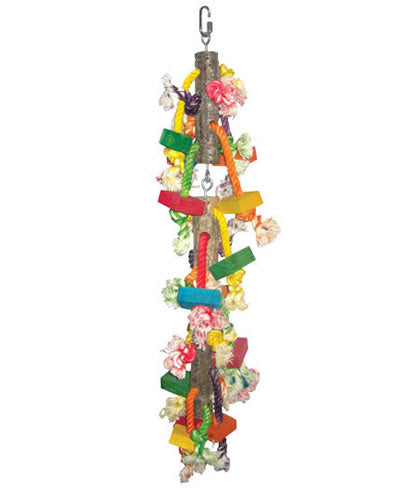Colorful wooden blocks and logs strung on a sturdy knotted cotton rope, perfect for medium-sized birds to chew and play.