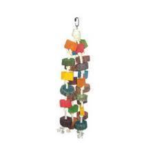Vibrant colored wooden circles and natural branch pieces strung on cotton rope, forming a 17-inch bird toy for large birds.