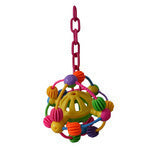 Vibrant Space Ball bird toy with orbiting plastic shapes on a chain, designed for medium birds, sized 14" by 7".