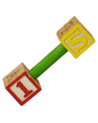 Colorful ABC block foot toy by Happy Beaks, crafted in the USA, designed to engage small to medium birds with its fun, chewable shape.