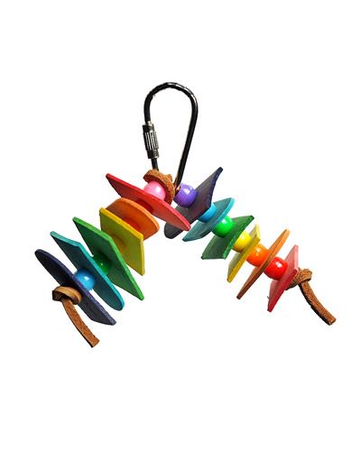 Colorful wooden slats bird toy with balsa wood, vibrant plastic beads, and sturdy leather ties for playful pet birds.