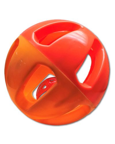 Vibrant extra-large Happy Beaks plastic rattle ball, 5 inches in diameter, designed for Cockatoos and Macaws to play and engage.