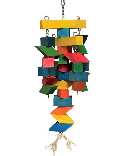 Vibrant Happy Beaks Parallelogram Wooden Toy with colorful chunky blocks on a sturdy chain, perfect for large birds to chew.