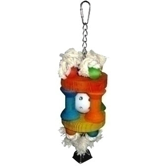 Vibrant Happy Beaks Plastic Ball In Solitude toy with colorful wood, a shiny plastic ball, and a cow bell on cotton rope.