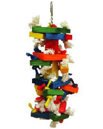 Vibrant Med Cluster Blocks-Happy Beaks toy with colorful wood chunks, cotton, and sisal rope knots on a sturdy chain.