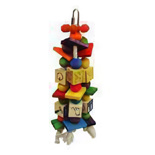 Vibrant ABC Blocks-Happy Beaks toy with four colorful strands of 1" blocks, wooden beads, slats, and a star topper for birds.