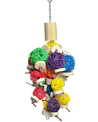 Vibrant multi-colored wicker balls and java wood slices knotted with natural fibers create a chewable toy for large birds.