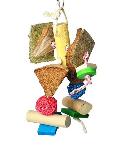 Colorful Sm Chunky Monster toy for small birds, featuring java wood, wicker balls, coconut husk, and shreddable sisal rope.