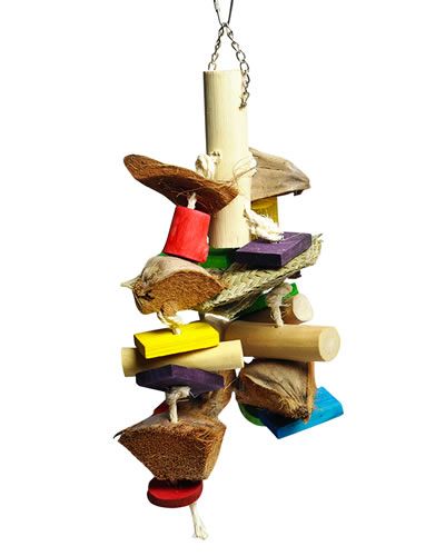 Vibrant bird toy featuring java wood, wicker balls, coconut husk, sisal rope, and shreddable palm pockets for medium birds.