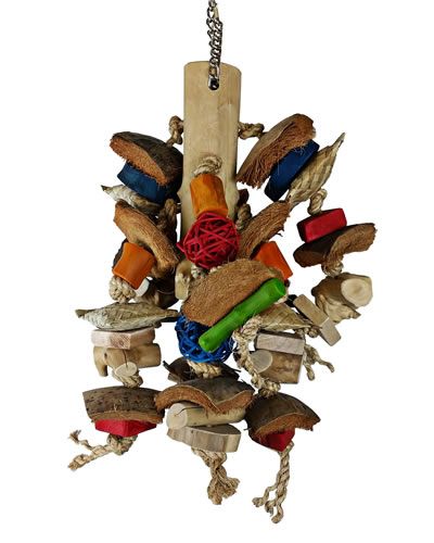 Vibrant Lg Chunky Monster bird toy with java wood, wicker balls, coconut husk, sisal rope, and shreddable palm pockets.