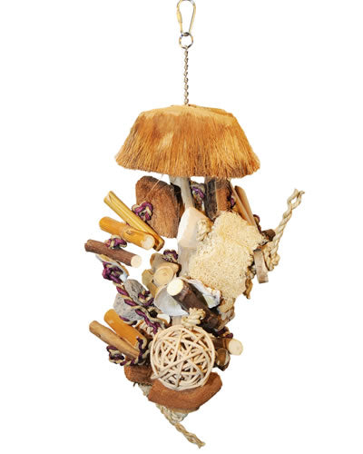Colorful Sm Java Bush bird toy with java wood, coconut husks, lava rock, and wicker balls, hanging from a chain.