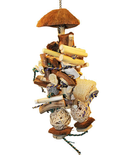 Vibrant bird toy featuring java wood, coconut husks, lava rock, and colorful wicker balls, hung from a chain with a coconut roof.