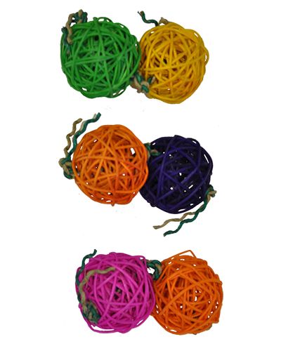 Vibrant multi-colored wicker balls strung on a knotted fiber rope, perfect for medium birds to forage and play with treats.