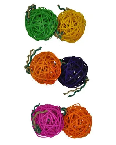 Vibrant multi-colored wicker balls strung on a knotted fiber rope, perfect for medium birds to forage and play.
