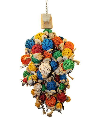 Vibrant bird toy with colorful wicker balls and java wood slices hanging from a chain, perfect for large birds to chew.