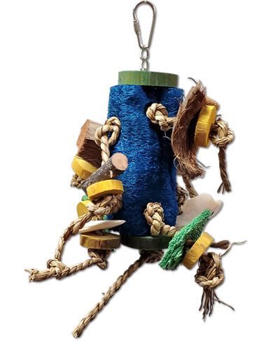 Vibrant bird toy with a mix of textures like loofah, coconut husk, cuttlebone, and java wood, sized at 6.5" by 5.5".