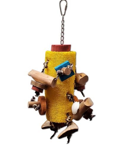 Vibrant bird toy featuring a mix of textures with a central loofah, coconut husk, cuttlebone, and java wood, sized 12x6 inches.