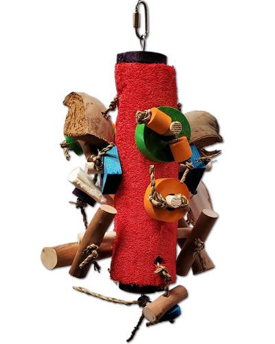 Colorful bird toy with a loofah center, surrounded by coconut husk, java wood, bamboo, and knotted natural fibers.
