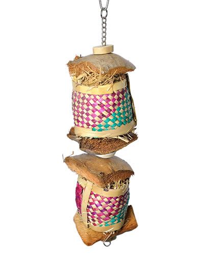 Colorful parrot toy with java wood, coconut husk, fiber drums, and cuttlebone, hanging on sisal rope for medium birds.