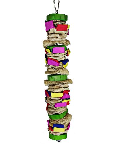 Vibrant Lg Color Splash A&E Java Wood toy with a rainbow of textured materials, perfect for medium to large birds to chew and explore.